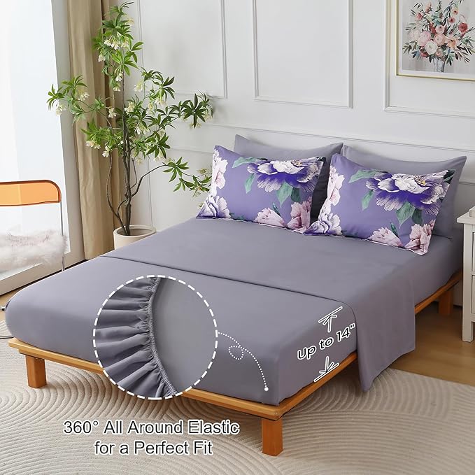 Dobuyly Floral Comforter Set Queen 7 Piece Bed in a Bag, Purple Pink Flower Comforter Set with Sheets, Soft Microfiber Botanical Flower Bedding Set for All Season