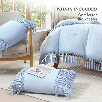 Andency Comforter Full Size Set Light Blue, Boho Lightweight Vintage Soft Bedding Comforter Sets, 3 Pieces Bed Set (79x90In Comforter & 2 Pillowcases)