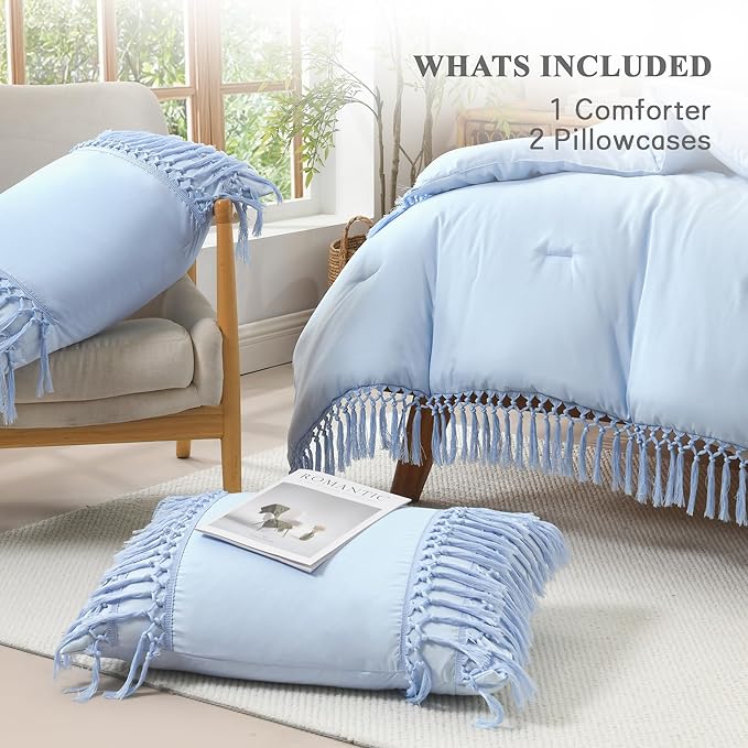 Andency Light Blue Comforter Set California King, 3 Pieces Boho Cal King Tassel Lightweight Soft Bedding Comforter Sets, Oversized Bed Set (104x96In Comforter & 2 Pillowcases)