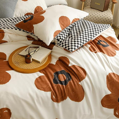 CLOTHKNOW Brown Floral Queen Comforter Set 3Pcs Sunflower Bedding Comforter Sets Black White Plaid Comforter Botanical Comforters with 2 x Pillow Cases