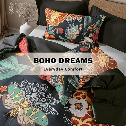 Black Boho Floral King Comforter Set - 3 Piece Farmhouse Botanical Bedding Comforter Sets for All Season Soft Lightweight Mid Century Modern Bed Set, (1 Reversible Comforter and 2 Pillow Shams