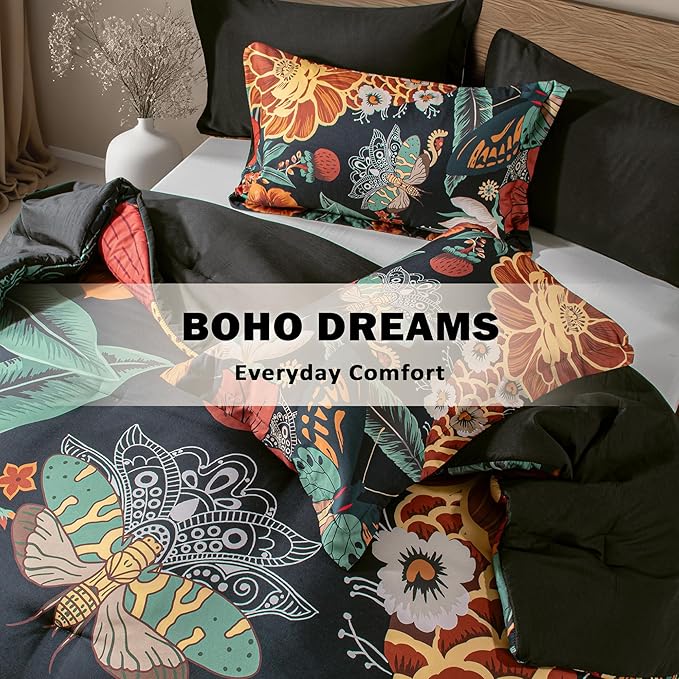 Black Boho Floral Queen Comforter Set - 3 Piece Vintage Farmhouse Bedding Comforter Sets for All Season Soft Lightweight Mid Century Modern Bed Set, (1 Reversible Comforter and 2 Pillow Shams
