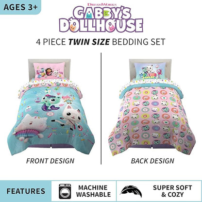 DreamWorks Gabby's Dollhouse Cakey, MerCat And Pandy Kids Bedding Super Soft Comforter And Sheet Set, 4 Piece Twin Size, By Franco