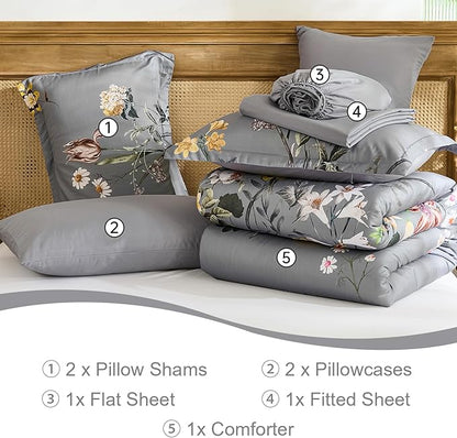 WONGS BEDDING Queen Comforter Set 7 Piece, Grey Floral Bed in a Bag Bedding Set with Botanical Flowers Patterns, Soft Lightweight Complete Comforters with Sheets for All Season