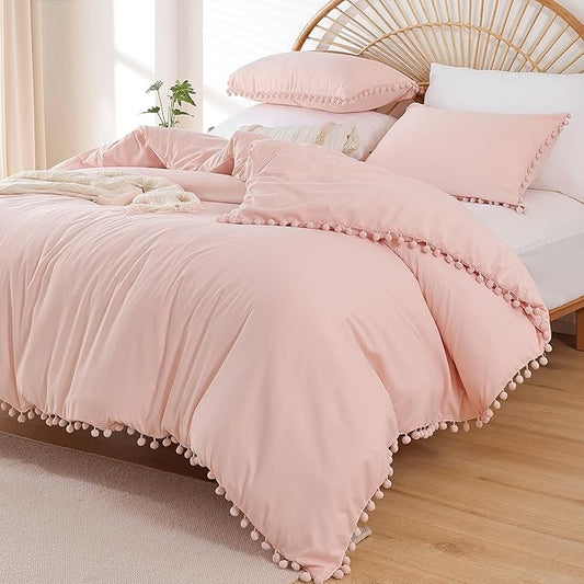 YIRDDEO Full Size Comforter Sets - Full Size Comforter with Ball Pom Fringe, Soft Bedding Set for All Seasons - 3 Pieces, 1 Comforter (79"x90") & 2 Pillow Shams(20"x26"), Blush