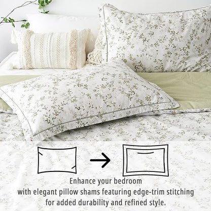 Botanical Cotton Comforter Queen Size - Tender Green Comforter Printed with Leafy Branches & Purple Stamens on Off-White,Reversible Lightweight Bedding Sets 3Pcs