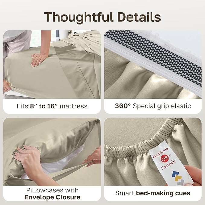 California Design Den 100% Egyptian Cotton Sheets King Size Deep Pocket Set - Certified Authentic Luxury, Soft Sateen, King Sheets Egyptian Cotton - Beige