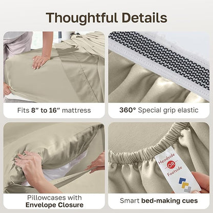 California Design Den 100% Egyptian Cotton Sheets King Size Deep Pocket Set - Certified Authentic Luxury, Soft Sateen, King Sheets Egyptian Cotton - Beige