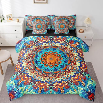 Boho Mandala Comforter Set Art Deco Vintage Bedding Comforter Sets, Retro Bohemian Bed in a Bag Paisley Bedding King Size 7pcs, Oriental Medallion Bedding Accessories Colorful Aesthetic Bedroom Decor