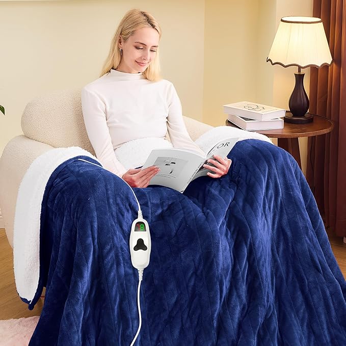 greenoak Heated Blanket Electric Full 72"X84", Heating Blanket with 10 Heat Levels 1/2/4/6/8 Hours Auto-Off, Soft Flannel Sherpa Warm Heater Christmas Blanket, Sea Blue