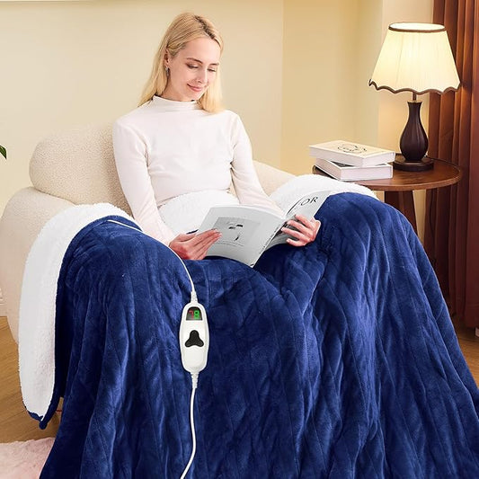 greenoak Heated Blanket Electric Full 72"X84", Heating Blanket with 10 Heat Levels 1/2/4/6/8 Hours Auto-Off, Soft Flannel Sherpa Warm Heater Christmas Blanket, Sea Blue