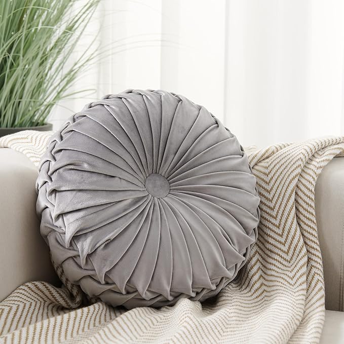 Round Throw Pillow Velvet Home Decoration Soft Pleated Pumpkin Round Floor Cushion for Couch Chair Bed Car Decorative (Gray14inch)