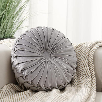 Round Throw Pillow Velvet Home Decoration Soft Pleated Pumpkin Round Floor Cushion for Couch Chair Bed Car Decorative (Gray14inch)