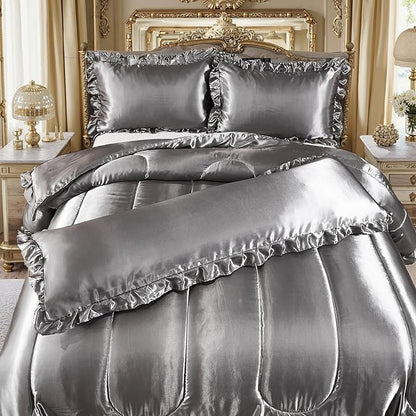 Satin Queen Comforter Set Silk Like Satin Bedding Set 4 Pcs Hotel Soft Polyester Grey Bed Set Luxury Silky Body Pillow Cover Ruffle Down Comforter Home Decor