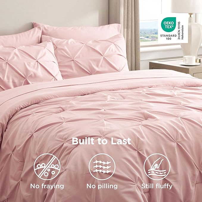 Bedsure King Size Comforter Set Pink - Bed in a Bag Bedding Set 7 Pieces, GentleSoft™ Pintuck Bed Set Gift for Family, Pinch Pleat Pink Comforter with Sheets, Pillowcases & Shams