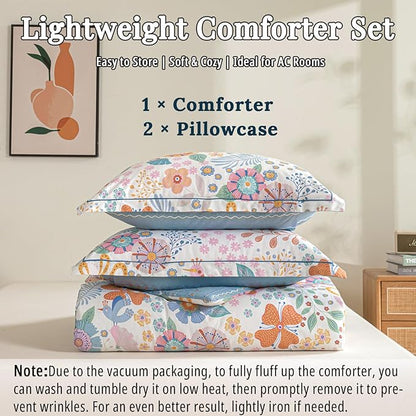 Blue Floral Cotton Comforter King Size - Vibrant Artistic Blooms & Boho Geometric Patterns, White & Soft Blue, 3PC Lightweight Bedding Sets with Down Alternative Fill(104"×90")