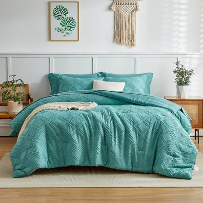 7 Pieces Tufted Bed in a Bag Queen Comforter Set with Sheets Green, Soft and Embroidery Shabby Chic Boho Bohemian, Luxury Solid Color with Diamond Pattern, Jacquard Tufts Bedding Set for All Season