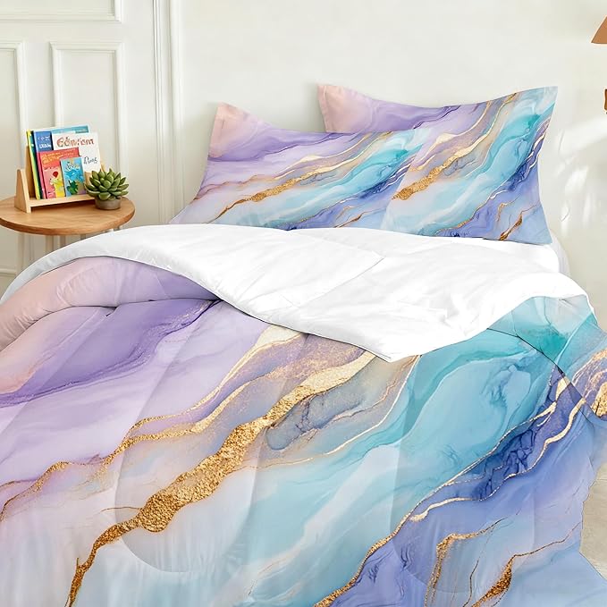 Watercolor Marble Comforter Set Twin Size, Colorful Bedding Set for Girls Boys Kisd Women, Purple Pink Blue Gold Bedroom Decor, Soft Microfiber Bed Set with 1 Comforter + 1 Pillowcase