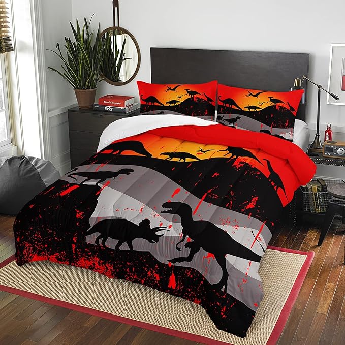 Cartoon Dinosaur Comforter Set Queen 3Pc Kawaii Dinosaur Bedding Set All Season with Tree, Leaf Decoration Includes 1 Comforter, 2 Pillowcases for Kids Girls Teens
