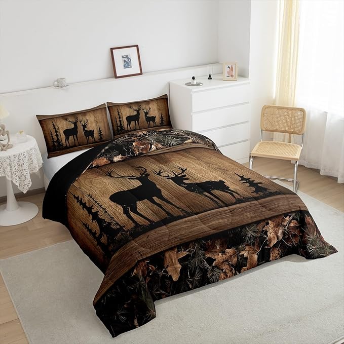 Erosebridal Rustic Cabin Bedding Sets Camo Hunting Deer Comforter Set King Farmhouse Woodland Animal Quilt Comforter for Kids Boys Teen Men,Tree Branches Camouflage Wildlife Bed Duvet Set 3 Pcs