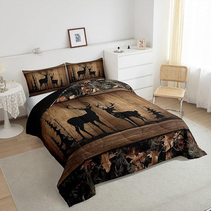 Erosebridal Rustic Cabin Bedding Sets Camo Hunting Deer Comforter Set Queen Farmhouse Woodland Animal Quilt Comforter for Kids Boys Teen Men,Tree Branches Camouflage Wildlife Bed Duvet Set 3 Pcs
