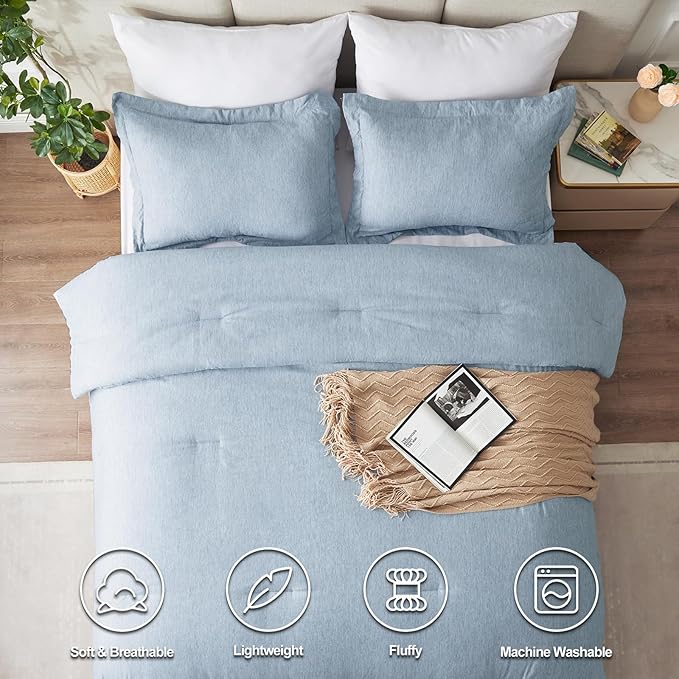 CozyLux Queen Size Comforter Set - 3 Pieces Blue Soft Luxury Cationic Dyeing Bedding Comforter for All Season, Breathable Lightweight Fluffy Bed Set with 1 Comforter and 2 Pillow Shams