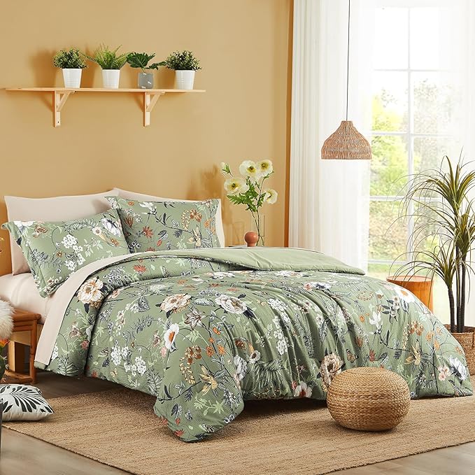 CASAAGUSTO Twin Comforter Set - 5 Pieces Green Floral Bedding Sets, Twin Bed in a Bag with Botanical Butterfly Comforter, Sheets, Pillowcases & Shams for All Seasons