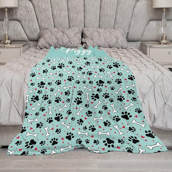 Personalized Paw Print Dog Blanket With Pets Name, Custom Pet Name Blanket for Small Medium Large Dogs, Customized Puppy Blanket, Dog Memorial Throw Blanket Gift for Dog Lovers Mom Dad