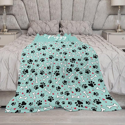 Personalized Paw Print Dog Blanket With Pets Name, Custom Pet Name Blanket for Small Medium Large Dogs, Customized Puppy Blanket, Dog Memorial Throw Blanket Gift for Dog Lovers Mom Dad
