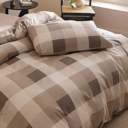 CLOTHKNOW Khaki Plaid Full Size Comforter Sets Gingham Tartan Bedding Comforter Sets Geometric Comforter with 2 x Pillow Cases