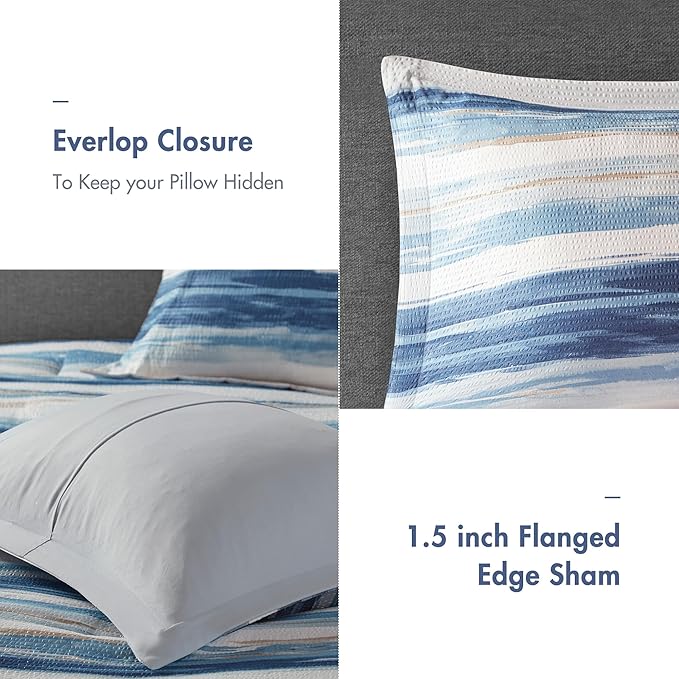 Madison Park Marina Comforter Quilt Combo Set - Modern Luxury Design, All Season Down Alternative Bedding, Matching Shams, Decorative Pillows, Full/Queen(90"x90"), Seersucker Blue 8 Piece