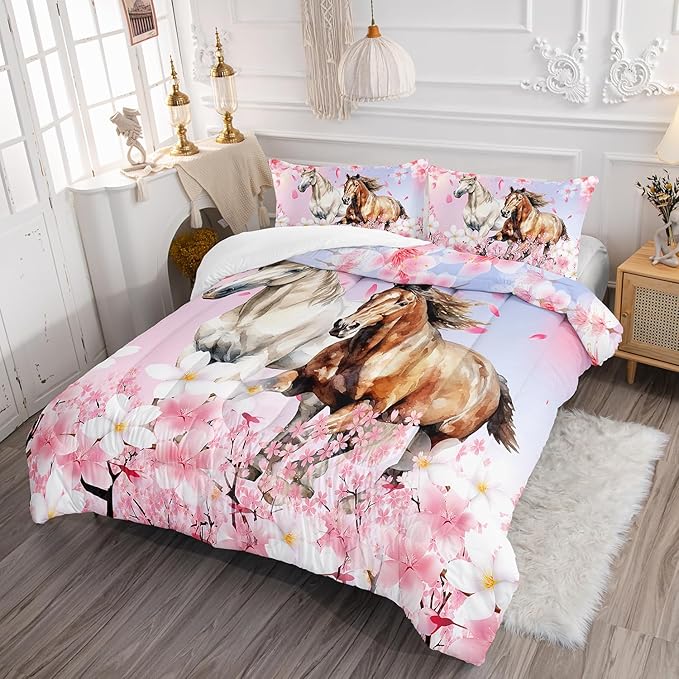 Kid Horse Comforter Set Queen Room Floral Animal Theme Handsome Horse Chic Cherry Blossom Bedding Set 3D Wild Animal Decor Quilt Set for Girls Adult, 1 Comforter + 2 Pillowcases