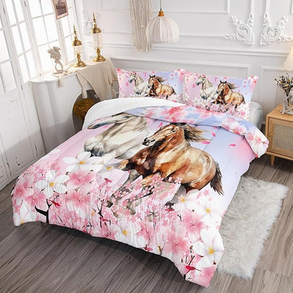 Kid Horse Comforter Set Full Room Floral Animal Theme Handsome Horse Chic Cherry Blossom Bedding Set 3D Wild Animal Decor Quilt Set for Girls Adult, 1 Comforter + 2 Pillowcases