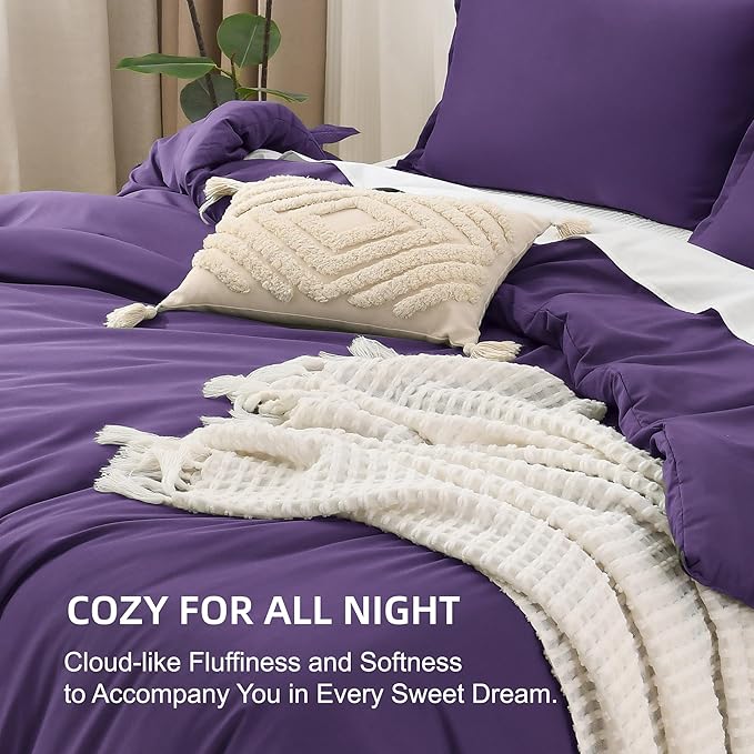 Litanika Dark Purple Comforter Set Queen Size, 3 Pieces Lightweight Solid Bedding Comforter Set, All Season Fluffy Bed Set (90x90In Comforter & 2 Pillowcases)