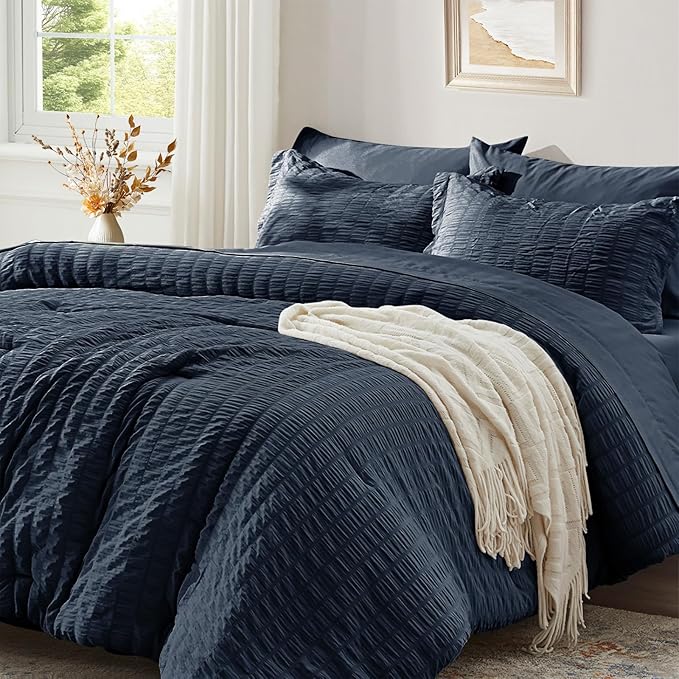 Zzlpp Full Comforter Set 7 Pieces, Navy Blue Seersucker Bed in a Bag with Comforter and Sheets, All Season Bedding Sets with 1 Comforter, 2 Pillow Shams, 2 Pillowcases, 1 Flat Sheet, 1 Fitted Sheet