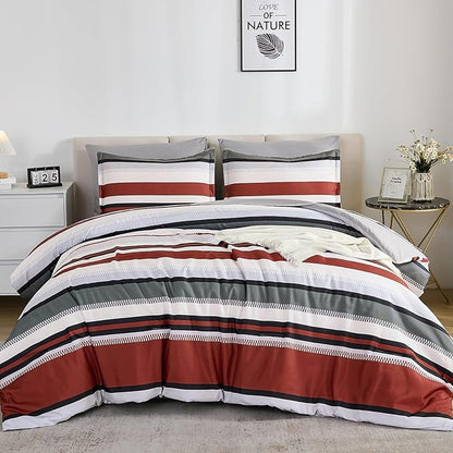 WONGS BEDDING Comforter King Size,Red Comforter Set King, 7 Pieces Bed in a Bag Soft Micorfiber Striped Bedding Set with Comforter, Flat Sheet, Fitted Sheet, Pillow Shams, Pillowcase