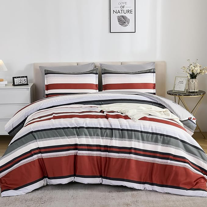 WONGS BEDDING Queen Comforter Set, 7 Pieces Comforter Set Queen, Red Bed in a Bag, Soft Micorfiber Striped Bedding Set with Comforter, Flat Sheet, Fitted Sheet, Pillow Shams, Pillowcase