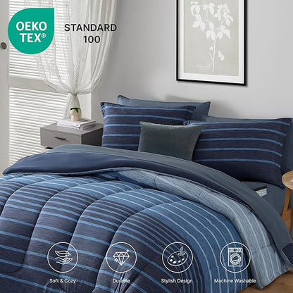 Monbix Full Size Comforter Set - 7 Pieces Bed in a Bag Full, Navy Blue-Stripe Bedding Sets, All Seasons Comforter Bed Set with Sheets, Pillowcases & Shams