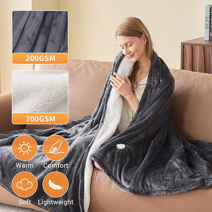 Electric Heated Blanket Queen Size 84''x90'' Soft Flannel & Sherpa Electric Blanket with 10 Heating Levels, Automatically Shut Down After 8h with Overheat Protection Machine Washable