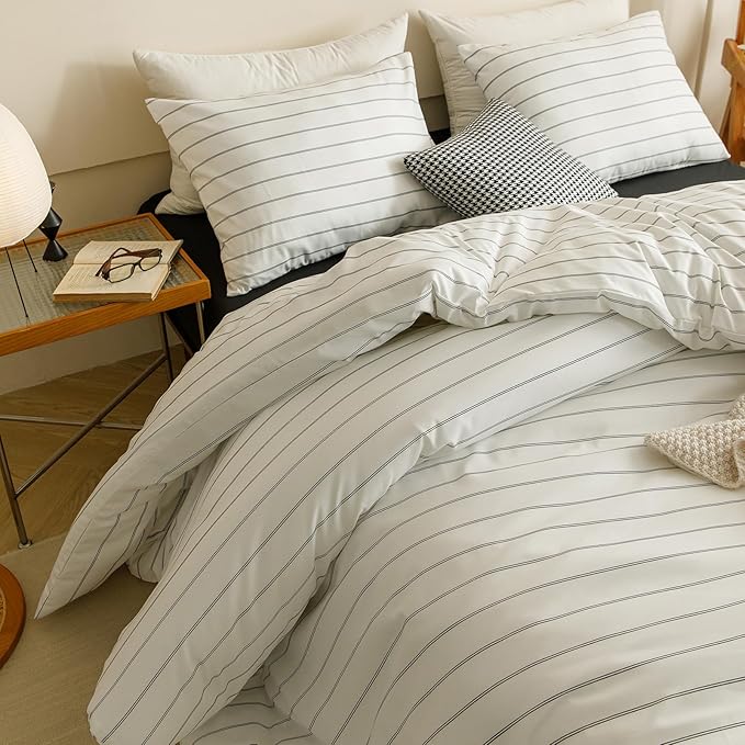 CLOTHKNOW Striped Queen Comforter Set 3Pcs White Black Bedding Comforter Sets White Queen Comforter Soft Farmhouse Comforter with 2 x Pillow Cases