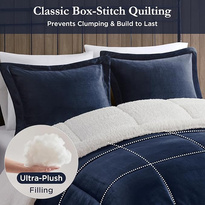 Woolrich Reversible Comforter Set Ultra Soft Plush to Sherpa, Down Alternative, Cold Weather Winter Warm Bedding, with Matching Sham, Decorative Pillow Navy/Ivory King 4 Piece