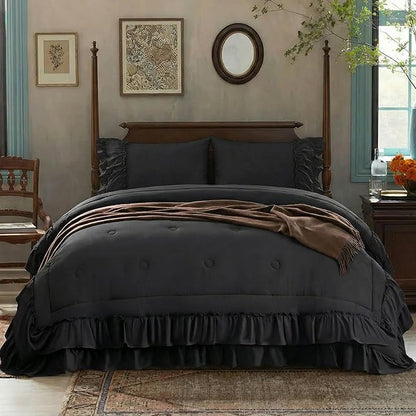 Black Comforter Set Queen Boho Bedding Set Shabby Chic 2 Layers Ruffled Bedroom Home Decor Ultra Soft Microfiber Farmhouse Down Comforter Bohemian Quilt Set