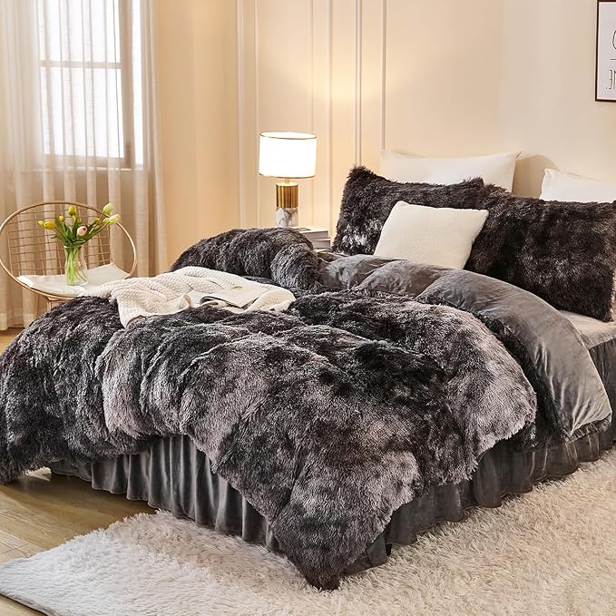 Andency Faux Fur Tie-Dyed Dark Grey Comforter King Size, 3 Pieces Fluffy Fuzzy Plush Bedding Comforter Set (1 Shaggy Velvet Comforter & 2 Pillowcases), Soft Puffy Comfy Down Comforter Bedding Set