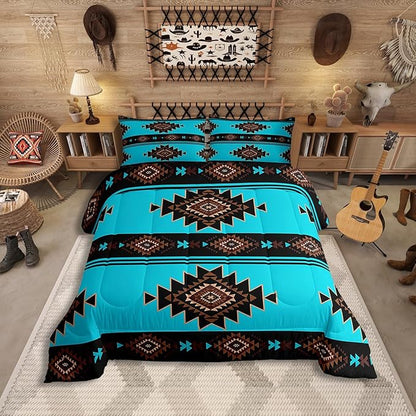 King Size Western Aztec Comforter Set, Native American Navajo Bedding Set for Boys Adult Teens, Southwestern Geometric Quilt Ethnic American Native Duvet Insert Rustic Farmhouse Decor, Blue