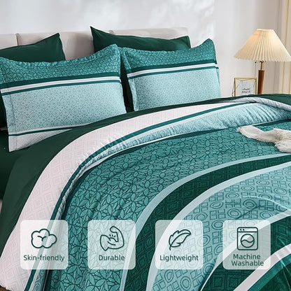 WONGS BEDDING 7 Pieces Comforter Set King Size, Green Striped Bed in a Bag Comforter and Sheet Set, Emerald Green Boho Soft Lightweight Micorfiber Bedding Set for All Season (90"×104")