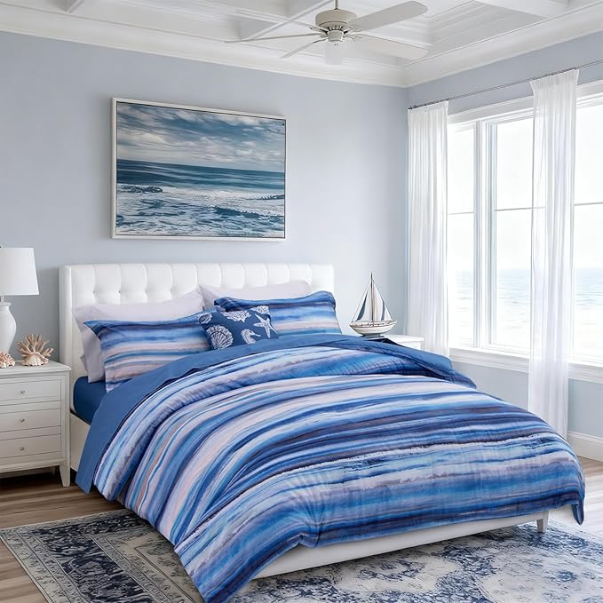 Holawakaka Beach Stripe Bedding Sets 6 Pieces, Blue Coastal Striped Comforter Set Twin Size All Season Geometric Bed Set, Nautical Bed in a Bag with Comforter, Sheets and Shams