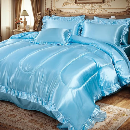 Silky Comforter Set with Sheet Set Queen 8 Pcs Baby Blue Bed in a Bag Light Blue Bedding Set Silk Like Satin Ruffle Pattern Home Deocr Sexy Hotel Silky Bed Set with 1 Cushion Cover