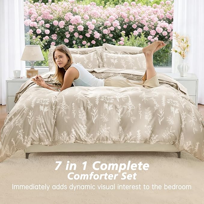 MUXHOMO Beige King Comforter Set, Elegant Floral Print Bed in a Bag 7 Pieces, Ultra Soft & Breathable Reversible Botanical Pattern Bedding Set with Comforter, Sheets, Pillowcases, and Shams