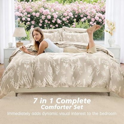 MUXHOMO Beige Bed in a Bag Queen 7 Pieces, Queen Comforter Set Reversible Botanical Flowers Design, Ultra Soft & Breathable Bedding Sets with Comforter, Sheets, Pillowcases & Shams
