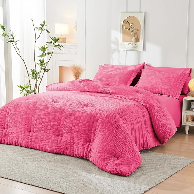 HYMOKEGE Hot Pink King Size Comforter Set Seersucker 7 Pieces, All Season Luxury Bed in a Bag for Bedroom, Bedding Set with Comforter, Sheets, Pillowcases & Shams